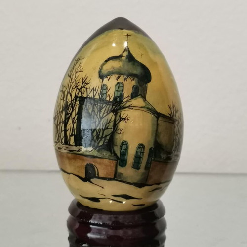 Wooden egg used with hand painting, Russian church motif