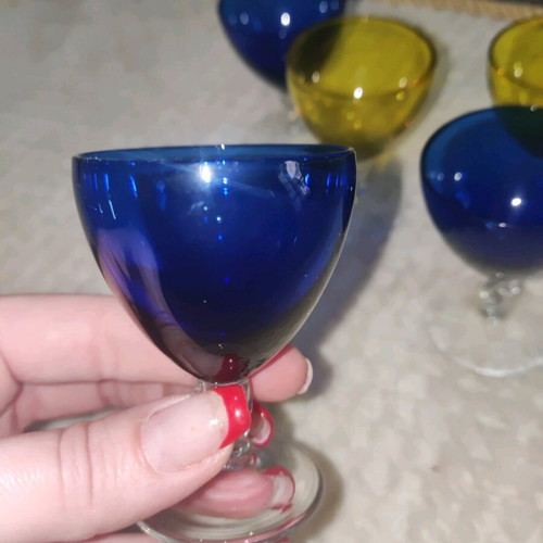 Vintage liqueur glasses, 5 rare colored pieces from France