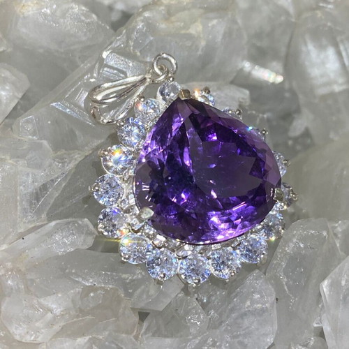 Silver pendant with large cut natural amethyst stone and moissanites, new