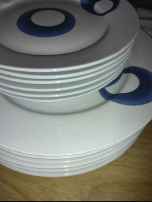 Plates set used, 6 large and 6 small, white and blue minimal