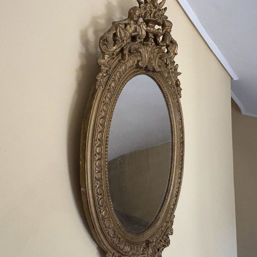 Baroque oval wall mirror with carved plaster frame, used, 104×61 cm