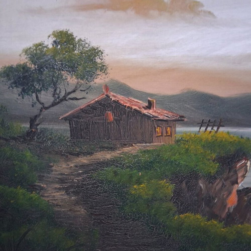 Oil painting "Landscape" with lake, vintage, gold carved frame
