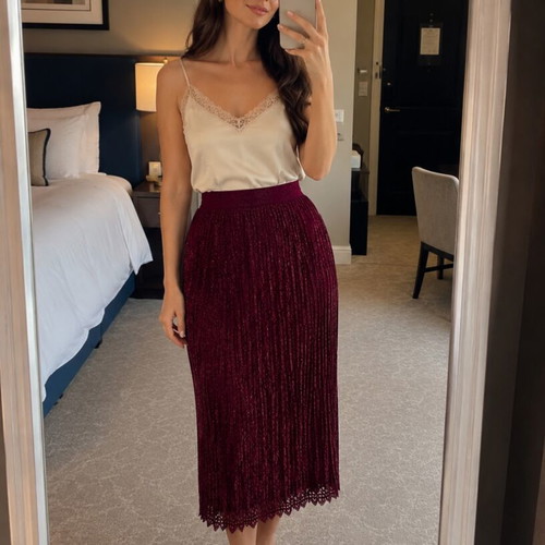 Zara Bordeaux Lace Pleated Midi Skirt -  10,00 - Vendora.cy