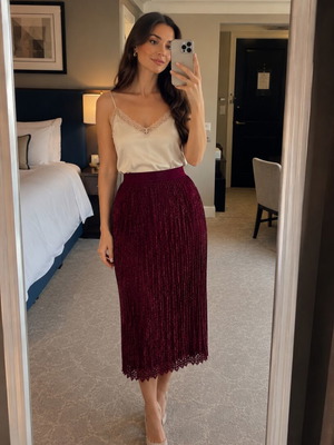 Zara Bordeaux Lace Pleated Midi Skirt like new