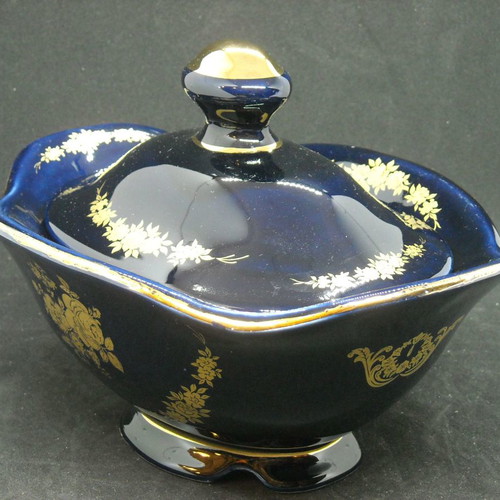Porcelain fondue dish used, cobalt blue with 24k gold by KE.TE.