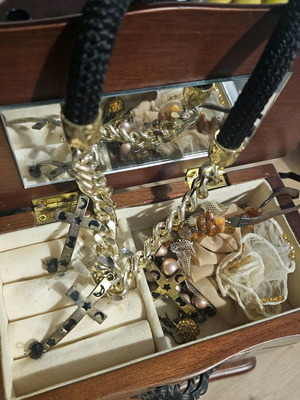 Vintage jewelry box used, wooden with metal details and mirror