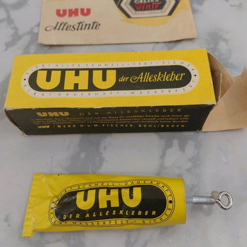 UHU glue with paper packaging and promotional envelope from 1960s used