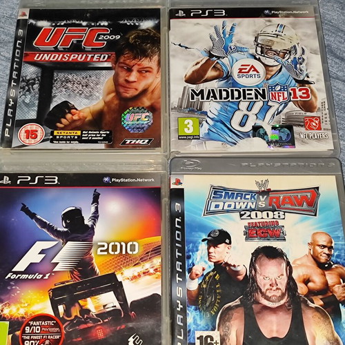 PlayStation 3 games pack used, UFC, F1 2010, Madden, Smackdown vs Raw