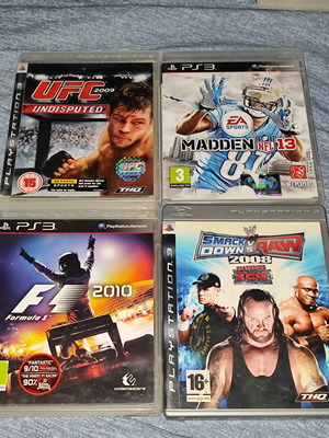 PlayStation 3 games pack used, UFC, F1 2010, Madden, Smackdown vs Raw