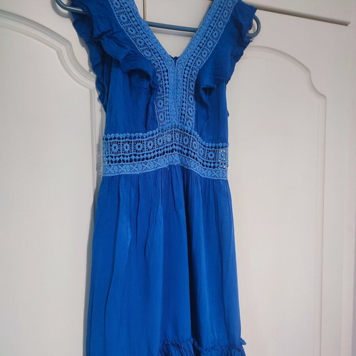 Summer dress used, blue, knee-length with back tie and front knit