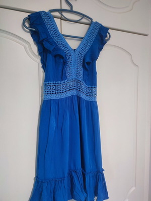 Summer dress used, blue, knee-length with back tie and front knit