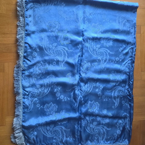Vintage blue satin bedspread with fringes, used