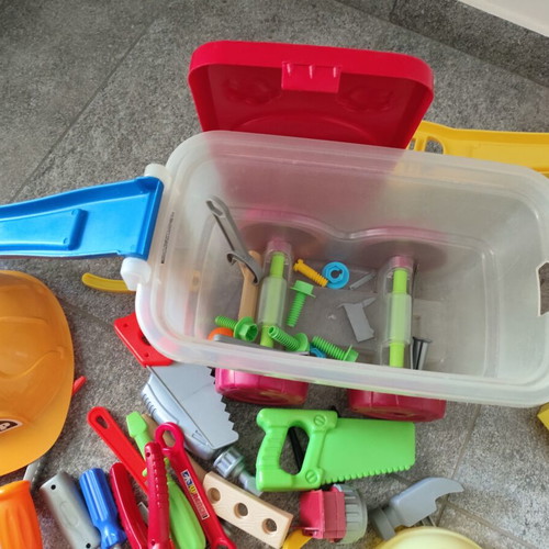 Building blocks and various tools in sliding trolley like new