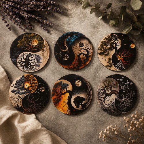 Tree of Life Yin Yang Wooden Coaster Set of 6 like new