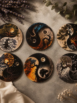 Tree of Life Yin Yang Wooden Coaster Set of 6 like new