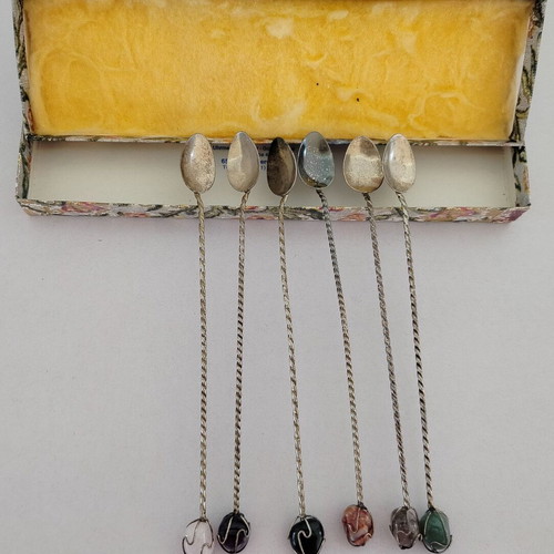 Werner Rupp metal spoons set of 6 used with semi-precious stones