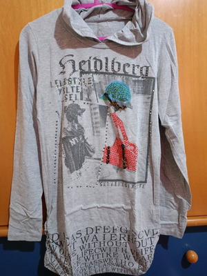 Long cotton gray women's blouse dress with prints, rhinestones and hood used