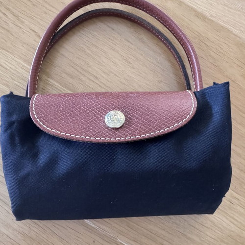 Longchamp Le Pliage handbag used, black with brown leather details
