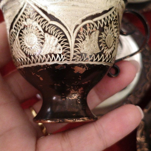 Vintage Oriental Coffee Set, Copper with Engraved Design