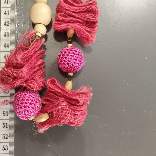 Statement handmade necklace with fabric and crochet beads