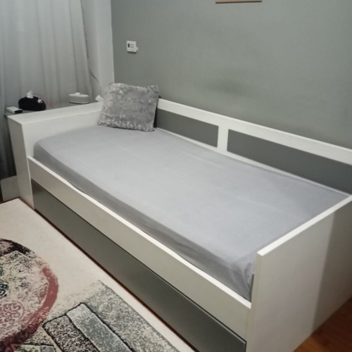 Sofa bed with storage, white and grey wood