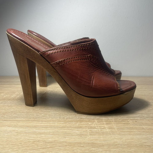 Yves Saint Laurent brown leather wooden platform mules used
