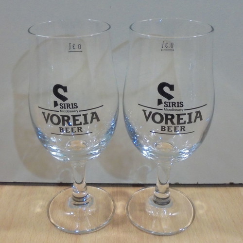 Siris Voreia beer set of two used promotional stemmed glasses 0.3lt