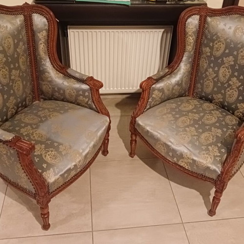 Bergere armchairs used, set of 2, solid wood, one with fabric wear