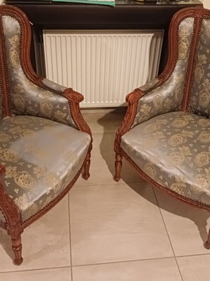 Bergere armchairs used, set of 2, solid wood, one with fabric wear