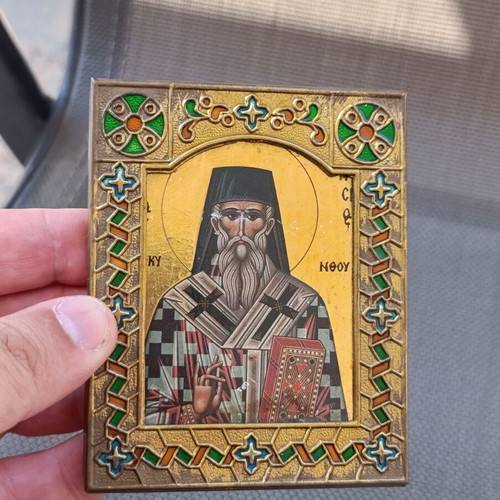 Vintage icon in brass frame with enamel