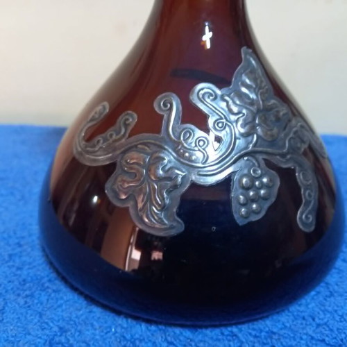 Bordeaux Glass Carafe handmade, used with silver floral design