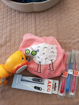 Baby bath accessories like new, digital thermometer, toothbrushes, cover and shower