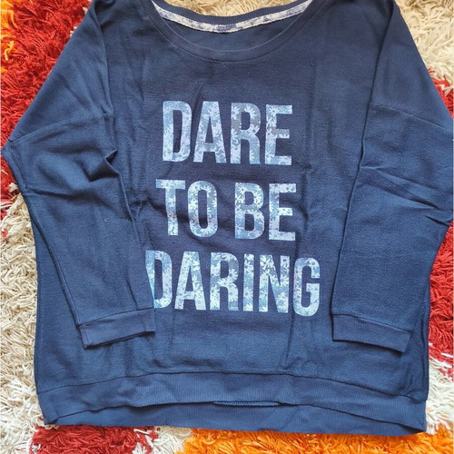 Dare to be daring top like new, blue with 3/4 sleeve and floral letters