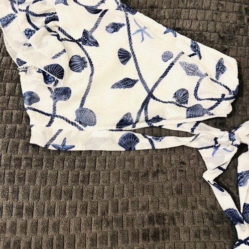 One-shoulder blouse with waist tie Medium like new, white and blue