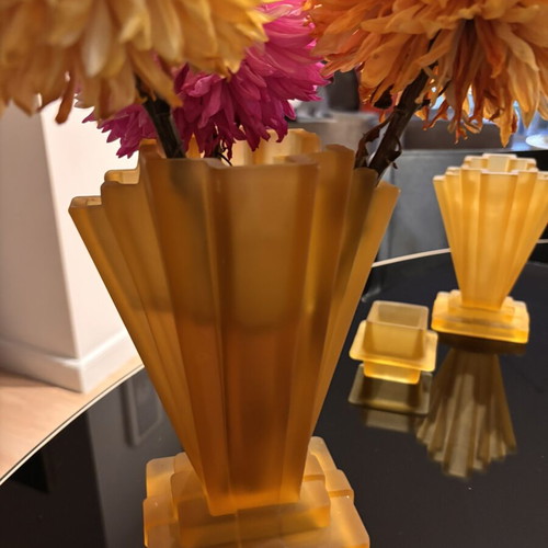 Art Deco vases set with frosted amber glass, like new