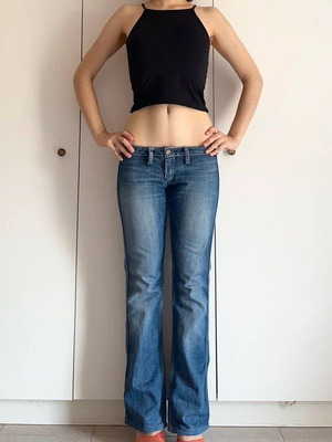 Ultra Low Waist Y2K Meltin' Pot Vintage Bootcut Jeans used, blue turquoise
