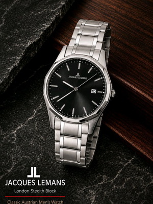 Jacques Lemans London men's watch, Crystex ceramic bracelet, black and silver