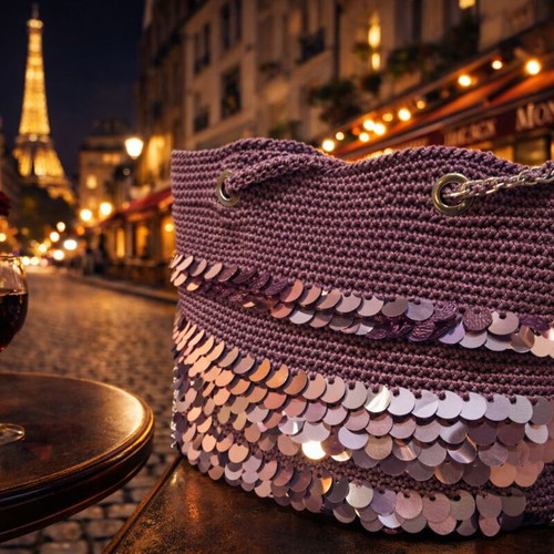 Lilac Shine Handmade Knitted Shoulder Bag with Sequins New