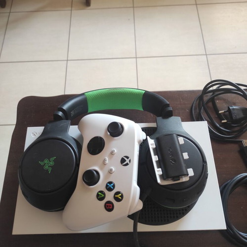 Xbox Series S console with controller, rechargeable battery pack and Razer Kaira wireless headset
