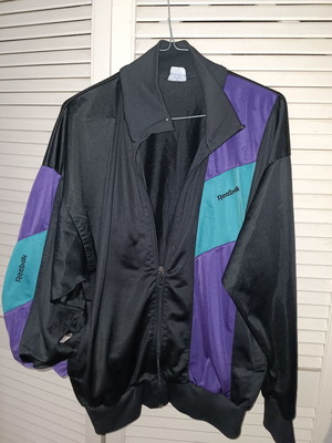 Reebok authentic 1980s women's sports jacket, black and purple, size M