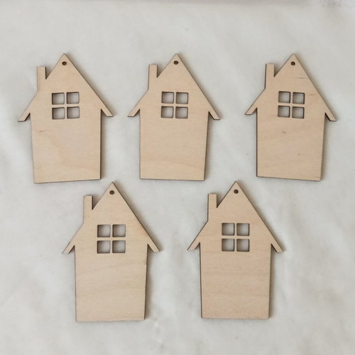 Wooden house shapes with windows, laser-cut, set of 5