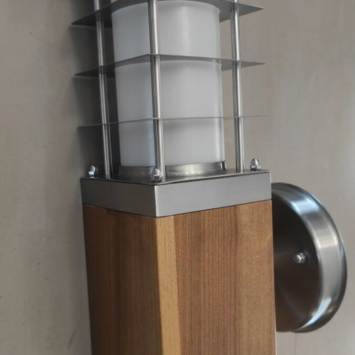 Outdoor wall light with wood and stainless steel, new