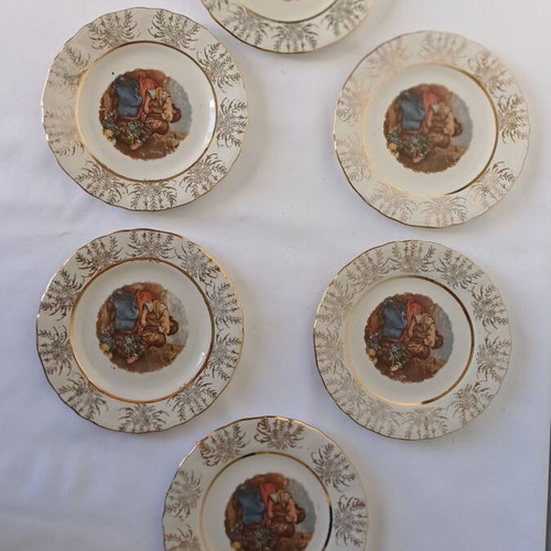 Keramikos set of 6 small plates used, porcelain with romantic design