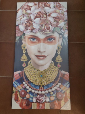 Italian Canvas Painting GEV with Female Figure and Ethnic Jewelry