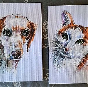 Σετ Γάτα και Σκυλάκι 2 ζωγραφιές,  ακριλ, παστέλ