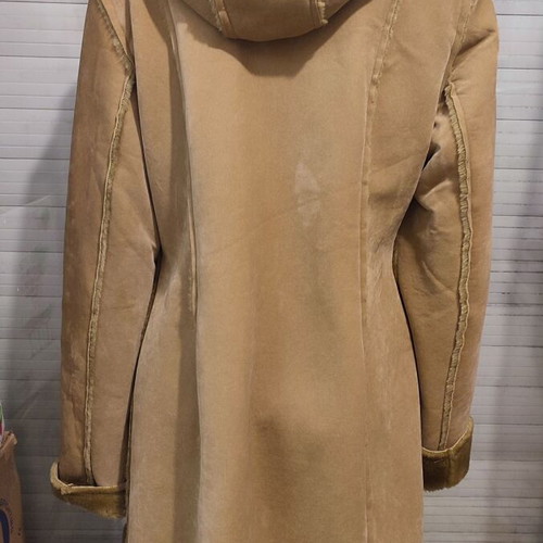 3/4 suede coat with faux fur lining and hood, warm, unworn