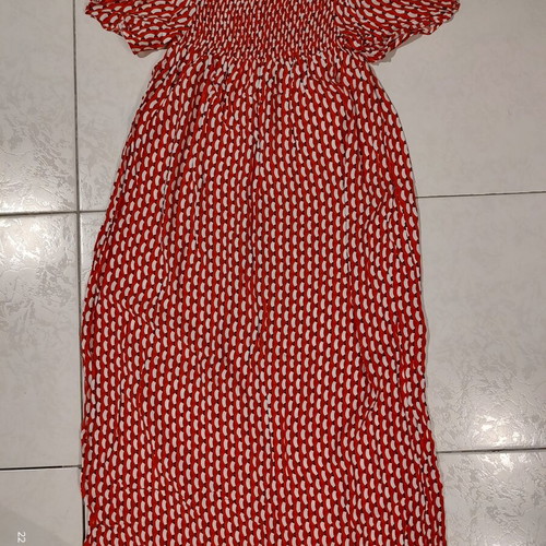 Sisley Maxi off-shoulder dress with smocked bust, red and white