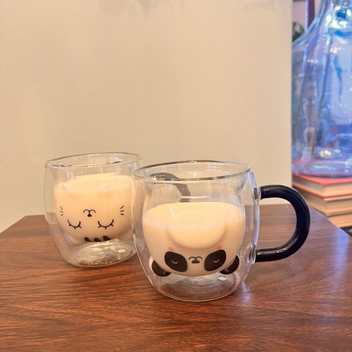 Double-Walled Glass Mugs Panda & Cat Set of 2, like new, aesthetic