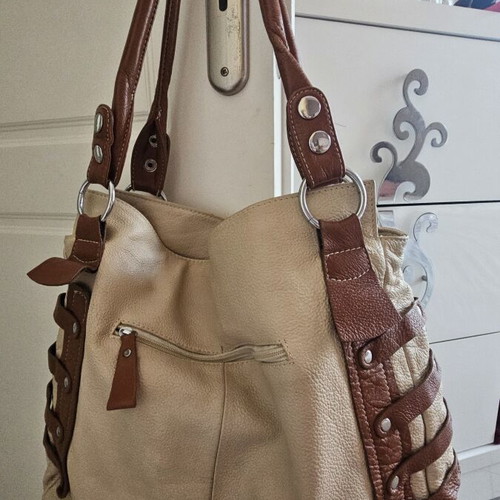 Leather shoulder bag used, large, beige and brown