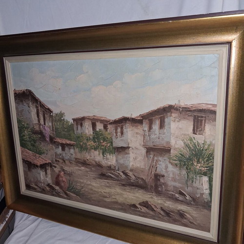 Oil Painting Dimas Traditional Greek Village framed, like new
